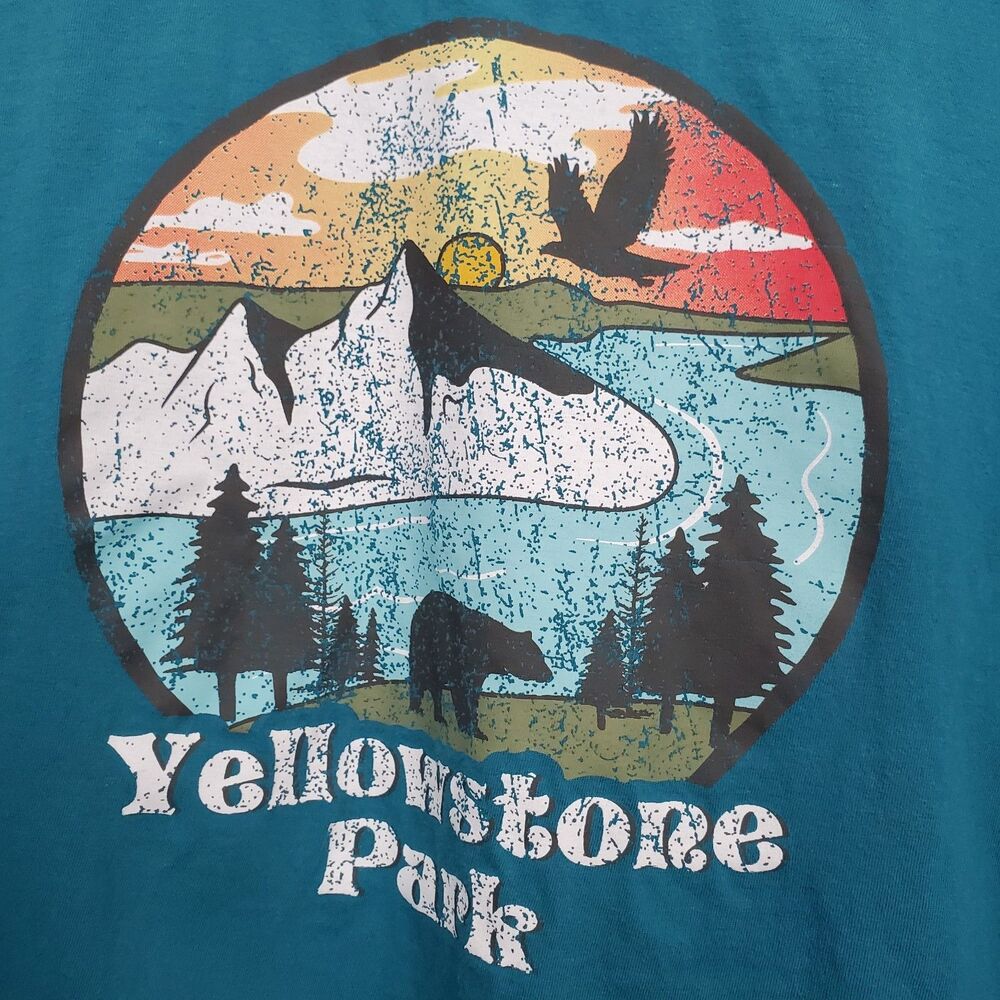 Love Peace & Lazy Days Teal Yellowstone Park Cropped T-Shirt Size Large - Picture 4 of 7